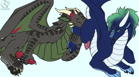 anal bedroom_eyes black_claws blue_body blue_scales claws duo eyes_closed feral feral_on_feral genitals green_body green_eyes green_hair green_scales hair horn licking male male/male membrane_(anatomy) membranous_wings narrowed_eyes oral pawpads penis pink_penis raised_tail red_penis ridged_penis rimming scales seductive sex short_hair side_view tail tapering_tail three-quarter_view tongue ventral_scales white_body white_horn white_scales wings halanari european_mythology mythology nixiris_(nixiris) dragon mythological_creature mythological_scalie scalie western_dragon 2026 digital_media_(artwork) hi_res
