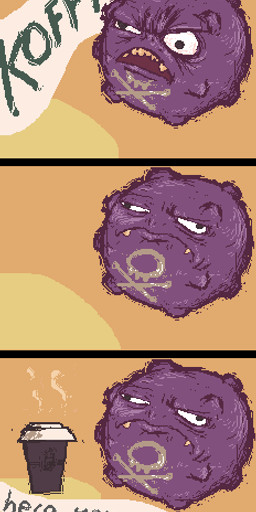 :d ambiguous_gender beverage black_bars coffee dialogue food hot_drink humor offscreen_character pokemon_speak pun smile solo text visual_pun rocket_grunt_(artist) nintendo pokemon generation_1_pokemon koffing pokemon_(species) comic digital_media_(artwork) english_text letterbox