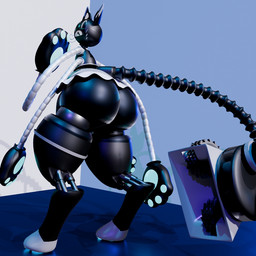 4_arms ambiguous_gender anthro ball_joints big_butt bottomwear butt clothed clothing crossdressing eyewear glasses glowing glowing_paws grinder huge_butt hydraulics long_tail looking_at_viewer looking_back machine male metallic metallic_body miniskirt multi_arm multi_limb pawpads paws screen screen_face simple_background skirt solo tail thick_thighs wearing_glasses wide_hips mechadove olive_(mechadove) felid feline mammal robot robot_anthro 1:1 3d_(artwork) blender_(artwork) blender_cycles_(artwork) digital_media_(artwork)