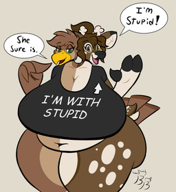 2_heads 3_fingers 4_fingers anthro antlers beak belly big_breasts black_nose bottomless breasts brown_body brown_eyes brown_hair clothed clothing conjoined eyebrows eyelashes feathers female fingers freckled_face freckles green_eyes hair horn huge_breasts humor inner_ear_fluff long_eyelashes markings multi_head multicolored_body navel open_beak open_mouth orange_beak overweight overweight_anthro overweight_female pink_tongue red_tongue shirt simple_background solo spots spotted_legs spotted_markings spotted_tail spotted_thighs standing tail tail_feathers tail_markings tan_antlers tan_background tan_inner_ear_fluff text text_on_clothing tongue topwear topwear_only tuft bring0brong0 bringo_(bring0brong0) pilot_(pilot129) accipitrid accipitriform avian bird deer eagle mammal 2023 digital_media_(artwork) english_text hi_res portrait three-quarter_portrait