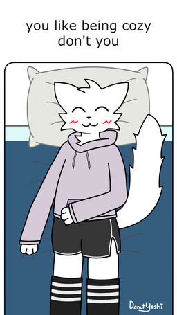 anthro bed black_clothing black_legwear black_stockings black_thigh_highs blush clothed clothing cozy eyes_closed femboy fur furniture hoodie legwear lying male paws pillow purple_clothing simple_background smile solo stockings tail text thigh_highs topwear white_background white_body white_fur white_tail donutyoshi boy_kisser_(meme) silly_cat_(mauzymice) domestic_cat felid feline felis mammal 9:16 digital_media_(artwork) english_text hi_res meme signature