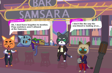 alcohol art_nouveau bar bar_counter bar_stool barefoot bartender beverage black_body black_bottomwear black_clothing black_eyebrows black_fur black_nose black_pants black_topwear black_vest bleach_(object) bloodshot_eyes blue_eyes bottle bottomwear bow_tie brown_bottomwear brown_clothing brown_ear_tips brown_eyebrows brown_face brown_markings brown_pants brown_suit button_(fastener) checkered checkered_bottomwear checkered_clothing checkered_shorts clothing coattails collared_shirt container counter countershading dialogue dipstick_ears dipstick_tail dress_shirt drunk ear_markings eye_bags eyebrows eyelashes eyes_closed fangs feet female fur furniture gameplay_mechanics glass gloves_(marking) green_eyes grey_body grey_eyebrows grey_fur grey_inner_ear group happy holding_bottle holding_container holding_object holding_tablet inside leg_markings lights limp looking_at_object looking_at_tablet looking_at_viewer lying male markings multicolored_clothing multicolored_ears multicolored_suit necktie on_back one_eye_closed open_mouth open_smile orange_body orange_eyes orange_fur pants pattern_bottomwear pattern_clothing pattern_shorts pawpads paws pink_nose purple_clothing purple_shirt purple_suit purple_topwear raised_hand red_bottomwear red_bow_tie red_clothing red_pants rolled_up_sleeves semi-anthro shelf shirt shorts sign sitting smile socks_(marking) speech_bubble spiral spiral_eyes stained_glass_window standing stool substance_intoxication suit suspicious tablet_computer tail tail_markings talking_to_viewer tan_body tan_bottomwear tan_clothing tan_fur tan_inner_ear tan_shirt tan_shorts tan_topwear teeth text thick_eyebrows tongue tongue_out topwear unconscious untied_bow_tie vest whiskey white_body white_clothing white_countershading white_ear_tips white_eyebrows white_markings white_shirt white_snout white_topwear yellow_bow_tie yellow_necktie pixel_vibri garry's_mod jazztronauts bartender_(jazztronauts) cellist_(jazztronauts) pianist_(jazztronauts) singer_(jazztronauts) colorpoint domestic_cat felid feline felis mammal tuxedo_cat 2025 aliasing digital_media_(artwork) english_text hi_res shaded