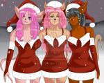 blue_eyes christmas_clothing christmas_headwear clothing dress female group hair hat headgear headwear holidays one_eye_closed outside pink_hair santa_hat simple_background snow wink deerazzy christmas konami rocket_knight_adventures fan_character kokoa_minto namid princess_flora princess_sherry humanoid 5:4 watermark