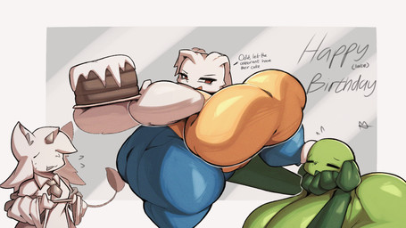 accessory anthro bald big_breasts big_butt biped breasts butt cake clothed clothing dessert dialogue eyebrows eyelashes eyes_closed feet female floppy_ears food front_view fully_clothed green_body group holding_object huge_breasts huge_thighs looking_at_another lop_ears monotone_body necktie nude nude_female open_mouth open_smile plant raised_inner_eyebrows red_eyes simple_background smile tail text thick_thighs trio white_body lightmizano ocd_(lightmizano) spinacia-chan_(lightmizano) unnamed_character canid canine elemental_creature flora_fauna lagomorph leporid mammal rabbit unknown_species 16:9 2026 digital_drawing_(artwork) digital_media_(artwork) english_text hi_res signature widescreen