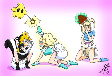 all_fours blonde_hair blue_eyes blush bodily_fluids booties bottle cartoon_eyes clothed clothing container crop_top crouching crown diaper diaper_under_clothing diaper_under_dress dress ear_piercing ear_ring exposed_diaper fangs feces female genital_fluids group hair handwear headgear hypnosis intelligence_loss kneeling magic milk_bottle milk_container mind_control mittens nervous object_in_mouth pacifier pacifier_in_mouth piercing pigtails pooping reaching_out ring_piercing rubbing_diaper shirt simple_background skunk_tail soiled_diaper soiling soiling_diaper star_wand sucking teeth thumb_suck topwear trio unclean_diaper urine used_diaper using_diaper wearing_diaper wet_diaper wetting wetting_diaper liljdude mario_bros metroid nintendo super_mario_galaxy princess_peach rosalina_(mario) samus_aran alien human luma mammal metroid_(species) hi_res