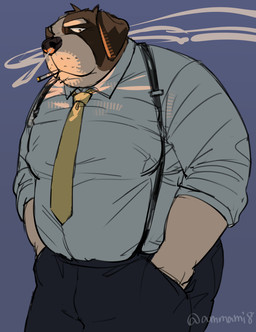 anthro bottomwear brown_body clothing kemono male necktie overweight overweight_male pants shirt simple_background smoking solo standing suspenders topwear amamiya canid canine canis domestic_dog mammal 2025