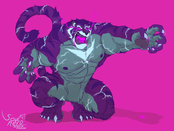 abs anthro biceps chest_markings claws crouching electricity featureless_crotch finger_claws fur glowing glowing_eyes lightning lightning_bolt_marking male markings navel nipples nude obliques open_mouth pawpads pecs pink_background pink_eyes purple_body purple_fur sharp_teeth simple_background solo striped_body striped_fur stripes tail teeth text toe_claws white_body white_fur soul_nero tora_(soul_nero) felid mammal pantherine tiger 2020 4:3 artist_name hi_res