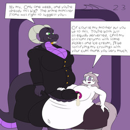 duo female gynomorph hyper hyper_pregnancy intersex pregnant tail text dirtymac mayternity mythology desidia_esuries kiyote puwma dragon hybrid mythological_creature mythological_scalie scalie 1:1 absurd_res english_text hi_res