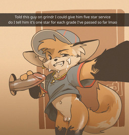 anthro black_body black_ears black_eyebrows black_eyes black_fur bodily_fluids bottomless clothed clothing cum cum_on_face disembodied_penis duo erection eyebrows flaccid fur genital_fluids genitals glans glory_hole hand_on_penis headgear headwear male male/male orange_body orange_fur orange_tail penis penis_grab solo_focus tail teeth text topwear young young_anthro young_male harmarist canid canine fox mammal 2025 english_text