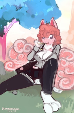 3_toes anthro barefoot biped black_bottomwear black_clothing bottomwear breasts cleavage clothed clothing detailed_background feet female fully_clothed fur grass grey_clothing grey_topwear hair looking_aside multicolored_body multicolored_fur on_ground outside pink_body pink_ears pink_fur pink_hair plant purple_eyes school_uniform sitting solo toes topwear tree two_tone_body two_tone_fur uniform white_body white_breasts white_fur year dirtyscoundrel ichi lagomorph leporid mammal rabbit 2017 absurd_res digital_media_(artwork) digital_painting_(artwork) hi_res painting_(artwork) signature