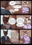 2020 anthro blush brown_body brown_eyes brown_fur canid canine canis chair clothed clothing comic comic_sans desk dialogue digital_media_(artwork) dobermann domestic_dog dress_shirt duo elijahelegia english_text fox fur furniture green_eyes hi_res holding_object holding_paper inner_ear_fluff interview kallistos male mammal narrowed_eyes nervous open_mouth open_smile paper pink_dress_shirt pinscher shirt sitting smile speech_bubble suit table text thought_bubble topwear tuft window