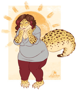 after_transformation anthro barefoot belly belly_overhang big_breasts big_tail blush bottomwear breasts brown_hair clothing eyes_closed feet female grey_clothing grey_shirt grey_topwear hair long_tail markings non-mammal_breasts open_mouth overweight overweight_anthro overweight_female pants shirt simple_background smile solo spots spotted_body standing tail thick_thighs topwear wide_hips yellow_body amber-aria amber_(amber-aria) gecko lizard reptile scalie 2023 digital_media_(artwork) hi_res