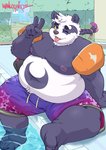 anthro belly bottomwear clothing detailed_background fur male moobs navel nipples one_eye_closed outside overweight overweight_anthro overweight_male purple_body purple_fur shorts sitting solo tongue tongue_out water white_body white_fur wink mangolynx lifewonders tokyo_afterschool_summoners alp_(tas) bear giant_panda mammal 2020 hi_res