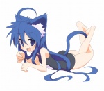 :3 barefoot blue_eyes blue_hair blush cat_tail clothing feet female hair lying one-piece_swimsuit school_swimsuit solo swimwear tail ratenn lucky_star konata_izumi animal_humanoid cat_humanoid felid felid_humanoid feline feline_humanoid humanoid mammal mammal_humanoid