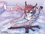 4_toes 5_fingers anthro assault_rifle bra breasts butt clothing feet female fingers fur gun hindpaw humanoid_hands markings panties paws ranged_weapon rifle rug smile solo spots spotted_body spotted_fur tail toes underwear weapon heresy_(artist) lancer:_the_knights_of_fenris mika_fadeneir felid feline lynx mammal 4:3
