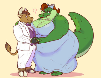 anthro big_breasts blue_bow blue_clothing blue_dress blush bow_tie breasts brown_body brown_fur brown_hair clothing digit_ring dress duo fangs feet female fur green_body green_scales hair heart_symbol hooves horn jewelry light_green_underbelly lipstick makeup male male/female married_couple purple_bow_tie purple_clothing purple_topwear purple_vest ring robotic_arm scales sharp_teeth slightly_chubby slightly_chubby_female tail teeth topwear vest wedding_ring white_tuxedo wide_hips razigator european_mythology greek_mythology mythology tiny_toon_adventures warner_brothers big_boo m_(mms) alligator alligatorid bovid bovine cattle crocodilian mammal minotaur reptile scalie hi_res
