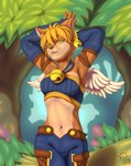 anthro bell blonde_hair brown_body brown_fur claws clothing ear_piercing ear_ring female forest forest_background fur green_eyes hair midriff nature nature_background navel piercing plant pupils ring_piercing sleeves slit_pupils solo topwear tree tube_top wings sacrificabominat legend_of_mana mana_(series) square_enix daena domestic_cat felid feline felis mammal absurd_res hi_res