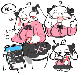 4_fingers anthro big_breasts black_bottomwear black_bow black_clothing black_skirt bodily_fluids bottomwear bow_accessory breasts button_(fastener) cellphone cigarette circle_eyebrows clothed clothed_anthro clothed_female clothing duo ear_bow electronics emoji_description eye_bags eyebrows female female_anthro female_focus fingers first_person_view front_view greeting greeting_viewer half-closed_eyes heart_symbol holding_cellphone holding_cigarette holding_object holding_phone holding_smartphone legband legwear looking_aside looking_at_viewer narrowed_eyes phone pink_clothing pink_shirt pink_topwear question_mark red_eyes shirt simple_background skirt smartphone smoking smoking_cigarette solo_focus speech_bubble squish sweat sweatdrop text thick_thighs thigh_highs thigh_squish thighband topwear white_background white_body white_ears white_eyebrows white_sclera ssslommm2 twitter lagomorph leporid mammal rabbit 2026 english_text