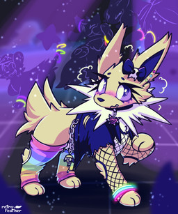 abstract_background anthro blush chain chest_tuft clothed clothed_feral clothing collar digitigrade fangs female feral fishnet_clothing fishnet_topwear fur glowrings glowstick group leg_warmers legwear neck_tuft quadruped rave shirt solo_focus teeth topwear torn_clothing torn_shirt torn_topwear tuft white_body white_fur yellow_body yellow_fur nulloffset invader_zim nickelodeon nintendo pokemon gir_(invader_zim) heather_(motherlatias) lori_(nulloffset) eeveelution generation_1_pokemon generation_3_pokemon generation_4_pokemon jolteon latias legendary_pokemon pokemon_(species) riolu shinx absurd_res hi_res shaded watermark