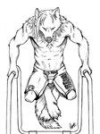 anthro barefoot bottomwear cheek_tuft clothed clothing eyes_closed facial_tuft feet front_view hair male mouth_closed navel shorts simple_background solo tail topless tuft whiskers khyaber mythology canid canine canis mammal mythological_canine mythological_creature were werecanid werecanine werewolf wolf 2013 hi_res monochrome signature