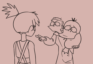 3_toes 5_fingers ambiguous_feral ambiguous_gender armless beak bent_arm black_eyes bottomwear brown_background brown_beak brown_body brown_bottomwear brown_clothing brown_crop_top brown_hair brown_hair_tie brown_robe brown_shirt brown_skin brown_topwear button_(fastener) carrying_another clothed clothed_female clothed_human clothing crop_top feet female female_human feral fingers fully_clothed fully_clothed_female fully_clothed_human furrowed_eyebrows gesture group gym_leader hair hand_gesture membrane_(anatomy) pointing pointing_at_another ponytail robe shirt short_hair side_ponytail simple_background size_difference smaller_ambiguous smaller_feral standing suspenders thin_eyebrows toes topwear trio webbed_feet insert-thenewbl-here nintendo pokemon misty's_psyduck misty_(pokemon) pipple_pants generation_1_pokemon human mammal pokemon_(species) psyduck 2025 digital_drawing_(artwork) digital_media_(artwork) english_description meme monochrome