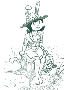 4_toes anthro backpack barefoot bottomwear breasts cleavage clothed clothing feet female hat headgear headwear mature_anthro mature_female open_clothing open_shirt open_topwear plantigrade shirt shorts sitting sitting_on_stump solo toes topwear tree_stump redout elinor_wonders_why pbs ranger_rabbit lagomorph leporid mammal rabbit absurd_res digital_drawing_(artwork) digital_media_(artwork) hi_res monochrome