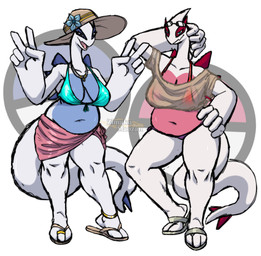 3_toes anthro beachwear belly big_breasts bikini breasts clothing duo fat_belly feet female footwear plantigrade sandals shoes swimwear toes two-piece_swimsuit zimakum nintendo pokemon generation_2_pokemon legendary_pokemon lugia pokemon_(species) colored_sketch hi_res sketch