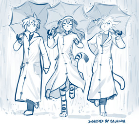 anthro barefoot bottomwear clothed clothed_anthro clothed_female clothed_human clothed_male clothing coat digitigrade eyes_closed feet female front_view fully_clothed fully_clothed_anthro fully_clothed_female fully_clothed_human fully_clothed_male fur group hair holding_object holding_umbrella looking_at_another male markings raincoat raining simple_background smile standing striped_body striped_fur striped_markings striped_tail stripes tail tail_markings topwear trio umbrella white_background conditional_dnp tom_fischbach singing_in_the_rain twokinds flora_(twokinds) keith_keiser trace_legacy basitin felid human keidran mammal pantherine tiger 2025 blue_and_white digital_media_(artwork) hi_res monochrome sketch