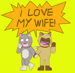 anthro belly black_nose brown_ears brown_face brown_markings brown_text collar crossover_ship dialogue dipstick_tail duo eyelashes eyes_closed female female_anthro fur grey_body grey_fur hand_holding looking_at_another love lying male male/female male_anthro markings multicolored_body multicolored_fur night on_back orange_speech_bubble pink_collar pink_nose pointy_speech_bubble pose raised_leg red_collar romantic romantic_couple simple_background speech_bubble star tail tail_markings tan_body tan_fur text whiskers white_belly white_markings white_tail_tip yelling yellow_background mebroukthecat bunnicula_(series) i_love_my_wife_(meme) zip_zip chester_(bunnicula) victoria_(zipzip) american_shorthair domestic_cat felid feline felis mammal siamese crossover meme