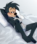 4_toes adolescent anthro areola barefoot bedroom_eyes bent_legs big_nose black_body black_eyebrows black_eyes black_hair black_nose blush blush_lines briefs bulge closed_smile clothed clothed_anthro clothed_male clothing detailed_bulge erection erection_under_clothing eyebrows feet fingers floppy_ears genital_outline gloves grey_briefs grey_clothing grey_gloves grey_handwear grey_underwear hair hand_behind_head handwear humanoid_feet looking_at_viewer lop_ears lying male male_adolescent male_anthro mouth_closed multicolored_body narrowed_eyes on_back penis_outline pillow plantigrade pose red_areola red_blush seductive slim slim_anthro slim_male smile smiling_at_viewer snaggle_tooth soles solo tan_body tan_face teeth three-quarter_view toes topless topless_anthro topless_male two_tone_body underwear white_sclera young young_anthro young_male numberfour disney goof_troop max_goof canid canine canis domestic_dog mammal full-length_portrait hi_res pinup portrait