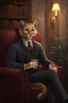 anthro armchair black_clothing black_suit bookshelf brown_body brown_fur chair clothing fur furniture green_eyes looking_at_viewer male necktie red_necktie solo suit wallpaper_(decoration) oskolok rikki_(purrma) cougar felid feline mammal 2:3 hi_res