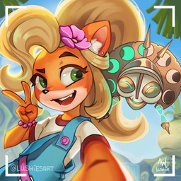 accessory anthro belt blonde_hair camera_view clothing day duo female flower flower_in_hair green_eyes hair hair_accessory long_hair mask open_mouth open_smile plant pose selfie smile teeth water waterfall lushies activision crash_bandicoot_(series) crash_bandicoot_4:_it's_about_time coco_bandicoot kupuna-wa animate_inanimate bandicoot living_mask mammal marsupial 1:1 2020 absurd_res hi_res signature
