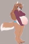 anthro barefoot belly big_belly biped black_nose bottomwear brown_body brown_eyes brown_fur brown_hair claws clothed clothing ear_piercing eyewear feet female fur glasses hair hand_on_belly long_hair looking_at_viewer navel open_mouth piercing pregnant pregnant_anthro pregnant_female shorts smile solo sweater teeth text toe_claws tongue topwear white_body white_fur locosaltinc xanderblaze canid canine canis fox hybrid mammal wolf 2016 english_text hi_res signature