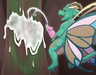 anthro balls big_balls big_penis bodily_fluids cum cum_on_tree cumshot ejaculation excessive_cum excessive_genital_fluids forest forest_background genital_fluids genitals insect_wings male nature nature_background orgasm orgasm_face penis plant solo tail tree wings toadie mythology dragon fairy_dragon mythological_creature mythological_scalie scalie character_request hi_res