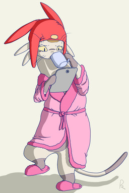 ambiguous_gender anthro bathrobe clothed clothing drinking electronics footwear fur hat headgear headwear robe shoes slippers solo tablet tablet_computer whiskers white_body white_fur pangopotion space_dandy meow_(space_dandy) alien betelgeusian felid mammal 2013