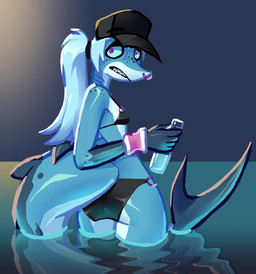 anthro baseball_cap bikini black_bikini black_clothing black_swimwear blue_body blue_hair bottomwear breasts clothed clothing eyeshadow facial_piercing female fin fin_piercing fingers furgonomic_piercing furgonomics gills hair hat headgear headwear long_tail makeup multicolored_body navel non-mammal_breasts non-mammal_navel nose_piercing nose_ring piercing ring_piercing septum_piercing septum_ring small_breasts solo swimwear tail tail_fin thick_thighs two-piece_swimsuit vgfm jawlene_(herny) aquatic fish shark hi_res
