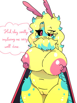 antennae_(anatomy) big_breasts black_sclera blonde_hair blue_hair_tips blue_markings breasts facial_markings fur genitals hair hand_on_own_breast head_markings humanoid_genitalia humanoid_vulva insect_wings leg_markings long_hair looking_down markings multicolored_body multicolored_fur navel neck_tuft nipples non-mammal_breasts non-mammal_navel non-mammal_nipples non-mammal_vulva pink_body pink_eyes pink_fur pink_nipples simple_background solo text thick_thighs thigh_markings thought_bubble tuft vulva white_background wings yellow_body yellow_fur conditional_dnp xammyxx mothy_(xammyxx) arthropod insect lepidopteran moth 2026 3:4 digital_media_(artwork) english_text hi_res ibispaint_(artwork) shaded signature watermark