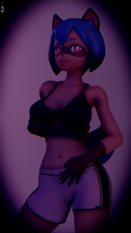 anthro big_breasts blue_body blue_eyes blue_hair breasts brown_body brown_fur clothed clothing female fluffy fluffy_tail fur hair looking_at_viewer simple_background solo tail hel brand_new_animal studio_trigger michiru_kagemori canid canine mammal raccoon_dog tanuki 3d_(artwork) 4k 9:16 absurd_res digital_media_(artwork) hi_res
