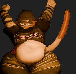 anthro beanie belly big_belly black_beanie black_clothing black_hat black_headwear bodily_fluids clothed clothing female fur hat headgear headwear huge_thighs orange_body orange_fur overweight overweight_anthro overweight_female partially_clothed raised_arms solo stretching sweat thick_thighs white_body white_fur anaroth epic_games fortnite meow_skulls felid feline mammal 3d_(artwork) digital_media_(artwork) hi_res