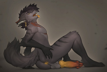 animal_genitalia animal_penis anthro anus balls black_claws black_hair black_nose bodily_fluids butt canine_genitalia canine_penis cheek_tuft claws ear_piercing erection facial_tuft fangs fur genital_fluids genitals grey_body grey_fur hair half-closed_eyes horn inner_ear_fluff knot knotted_penis looking_at_viewer male markings narrowed_eyes nude pawpads penis piercing precum precum_on_ground precum_on_paw precum_on_penis presenting presenting_anus red_markings red_pawpads short_hair simple_background sitting solo spread_butt spreading tail teeth tongue tongue_piercing tuft yellow_anus yellow_eyes yellow_penis yellow_tongue fluffyw0lf canid canine mammal hi_res