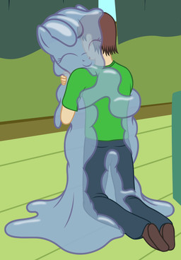 duo female hug kneeling male translucent translucent_body what_has_magic_done what_has_science_done badumsquish hasbro my_little_pony anon fan_character generic_messy_hair_anime_anon tremble_(character) tremble_(oc) equid equine goo_creature horse human mammal pony 2015 hi_res