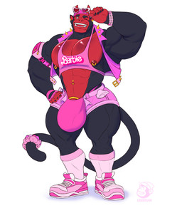 abs anthro barazoku barely_contained big_bulge black_body black_fur bottomwear bracelet bulge clothing ear_piercing ear_ring fangs fanny_pack fingerless_gloves footwear fur gloves gold_buckle gold_piercing handwear hotpants huge_bulge hyper hyper_bulge jacket_on_shoulders jewelry male muscular muscular_anthro muscular_arms muscular_male navel navel_piercing nipple_piercing nipples one_eye_closed pecs piercing pink_clothing pink_footwear pink_shoes pink_socks red_body red_fur ring_piercing scrunchie shoes shorts smile socks solo teeth thick_thighs thong underwear wide_hips y2k_(fashion) buzzybub asian_mythology barbie_(doll) barbie_(film) east_asian_mythology japanese_mythology mattel mythology buzzy ape demon gorilla haplorhine mammal oni primate yokai absurd_res hi_res