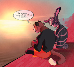 anthro black_body black_clothing black_ears black_fur black_shirt black_tail black_topwear blue_eyes brown_body brown_fur brown_tail cheek_tuft clothing dialogue duo facial_tuft floppy_ears fur grey_body grey_ears grey_fur grey_hair grey_tail hair long_ears male pink_inner_ear pink_nose shirt sitting speech_bubble sunset tail text topwear tuft white_body white_fur white_hair white_tail ninetht felid lagomorph leporid mammal rabbit digital_media_(artwork) english_text