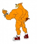 2016 4_fingers activision anthro arody back_muscles backsack balls biceps big_biceps biped black_eyebrows black_nose bracelet butt claws clothing colored crash_bandicoot_(series) dasyuromorph ears_back eyebrows fingers flat_colors footwear full-length_portrait fur genitals jewelry looking_at_viewer looking_back male mammal manly marsupial mostly_nude muscular muscular_anthro muscular_male nude orange_body orange_fur pivoted_ears portrait rear_view sharp_teeth shoes simple_background solo spiked_bracelet spikes standing teeth thylacine tiny_tiger triceps white_background white_claws yellow_eyes