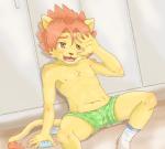 amber_eyes anthro biped boxers_(clothing) clothing fur green_clothing green_underwear male mane monotone_body monotone_fur orange_eyes red_mane sitting solo underwear yellow_body yellow_fur young reizohozon morenatsu soutarou_(morenatsu) felid lion mammal pantherine 2014 colored