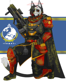 after_battle anthro ar-23_liberator armor belt belt_pouch blood bodily_fluids boots cape carapace clothing colored_blood footwear fur gesture gloves greaves green_blood gun hand_gesture handwear male multicolored_body multicolored_fur o-44_bondedpilot pauldron ranged_weapon red_armor red_eyes red_halo shoes simple_background skull_symbol smile smiling_at_viewer solo thumbs_up undersuit unusual_blood unusual_bodily_fluids weapon 9live helldivers helldiver kyu_(9live) domestic_cat felid feline felis mammal