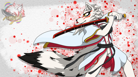 anthro female fur markings melee_weapon red_markings solo sword tail weapon white_body white_fur ltpa_art capcom okami_(capcom) amaterasu_(okami) 16:9 hi_res widescreen