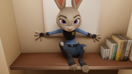 against_surface against_wall anthro badge belt blue_clothing book clothed clothing cornered electronics feet female female_anthro fur furniture grey_body grey_fur inside knee_pads looking_at_viewer looking_up paws pink_nose police police_uniform pose purple_eyes radio shelf sitting solo spread_legs spreading tail trapped uniform wide_eyed incinereight_(artist) deltawing123_(modeler) disney zootopia judy_hopps lagomorph leporid mammal rabbit 16:9 3d_(artwork) digital_media_(artwork) hi_res widescreen