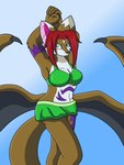 anthro bat_wings bikini black_nose breasts brown_body brown_fur cleavage clothed clothing female fur fur_markings gradient_background green_eyes hair markings membrane_(anatomy) membranous_wings red_hair simple_background solo swimwear tail two-piece_swimsuit wings thelordoflemonz strays_of_siravia leena_zarantho bat canid canine canis hybrid mammal wolf 2020 3:4 hi_res