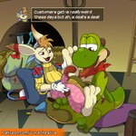 1:1 2024 anthro bag barefoot clothed clothing detailed_background dialogue digital_drawing_(artwork) digital_media_(artwork) dinosaur dominant duo english_text feet foot_fetish foot_fetish_validation foot_focus foot_lick foot_on_face foot_play footwear green_body green_yoshi guido_(grandia) inside ladder lagomorph leporid licking lidded_eyes long_ears long_tongue male male/male mammal mario_bros melee_weapon mostly_nude nathan_(yoshi) nintendo nude pillow rabbit reclining red_eyes reptile scalie scarf scarf_only shaded shoes short_tail sitting soles speech_box store sword tail text toes tongue tongue_wrap url vorechestra watermark weapon white_body yoshi